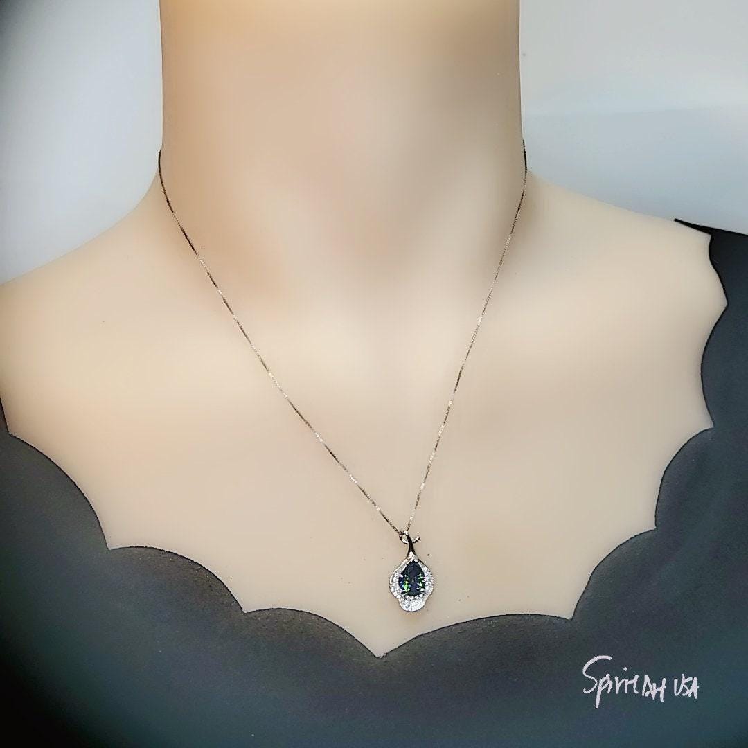 Mystic Topaz Necklace Sterling Silver Flower Petal Pendant White Gold plated Teardrop Rainbow Gemstone #284
