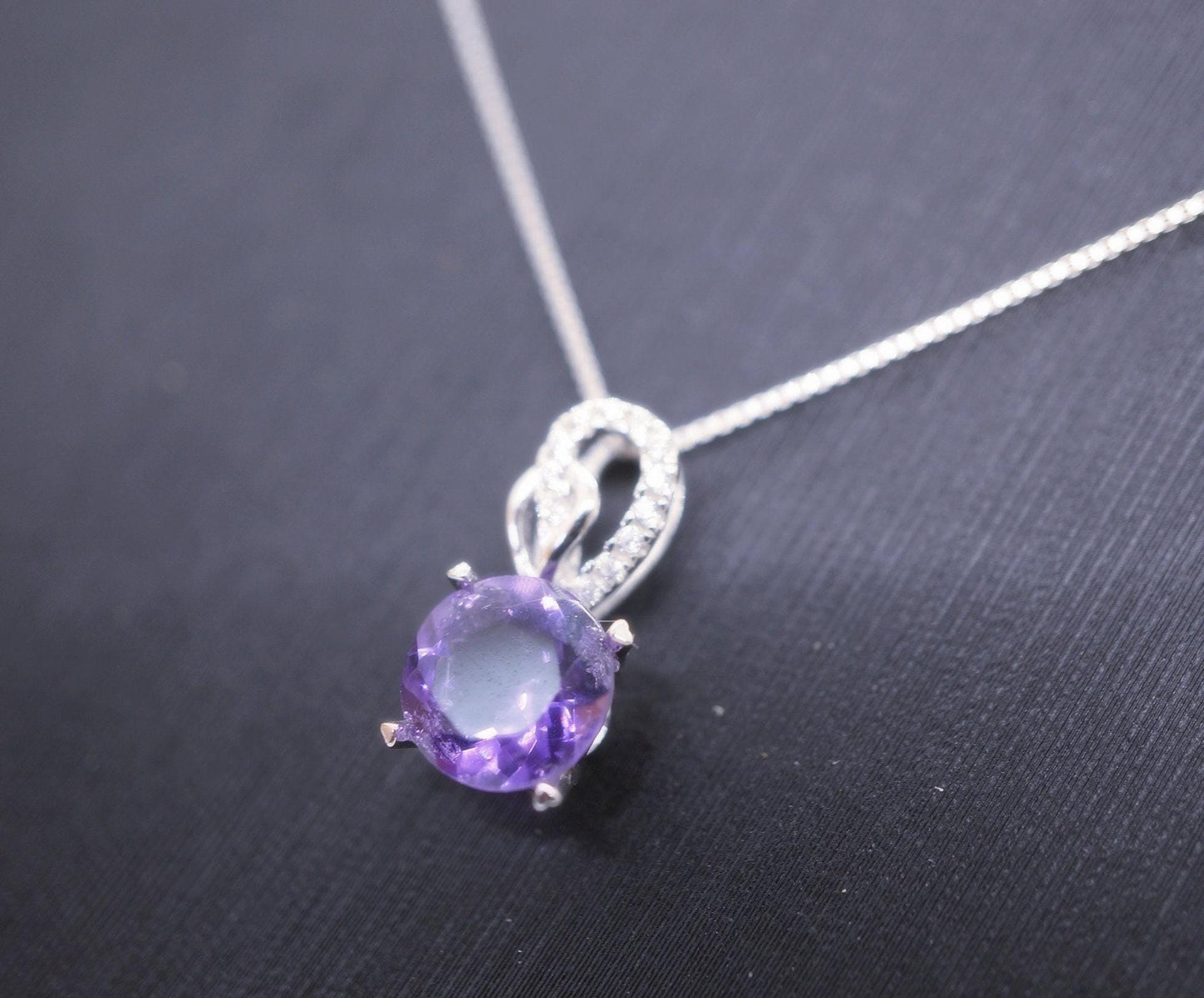 Genuine Amethyst Necklace - Sterling Silver - 8 mm 2 CT Round Solitaire - Natural Amethyst Pendant #263