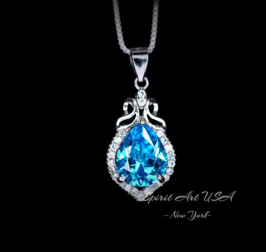 Blue Topaz Necklace - Sterling Silver Halo Pendant - Dainty November Birthstone Jewelry 925 Chain #269