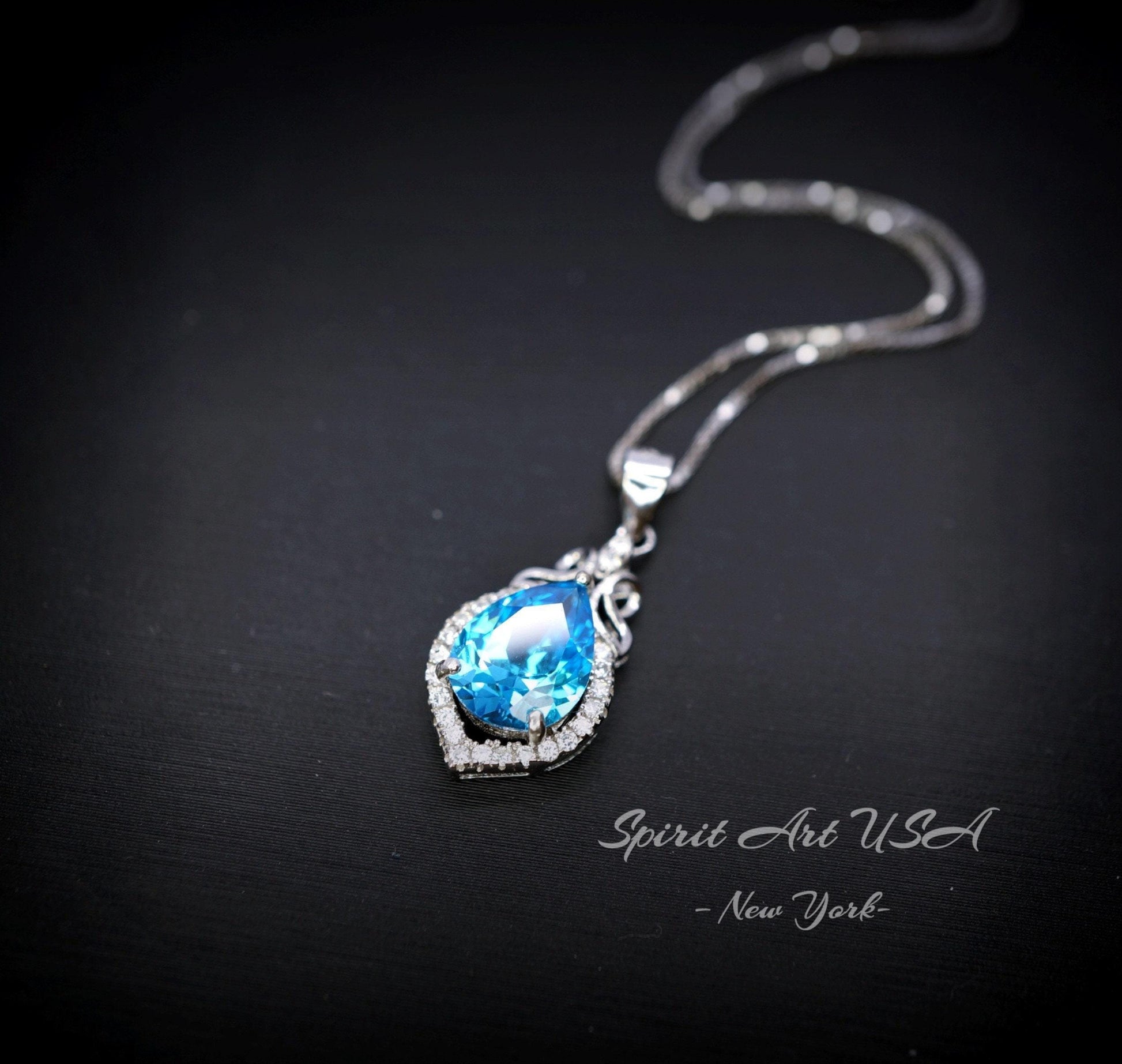 Blue Topaz Necklace - Sterling Silver Halo Pendant - Dainty November Birthstone Jewelry 925 Chain #269