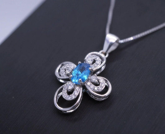 Topaz Cross Necklace - 18KGP @ Sterling Silver - Cross Flower - Blue Topaz Necklace - Blue Topaz pendant - Blue Topaz jewelry #239