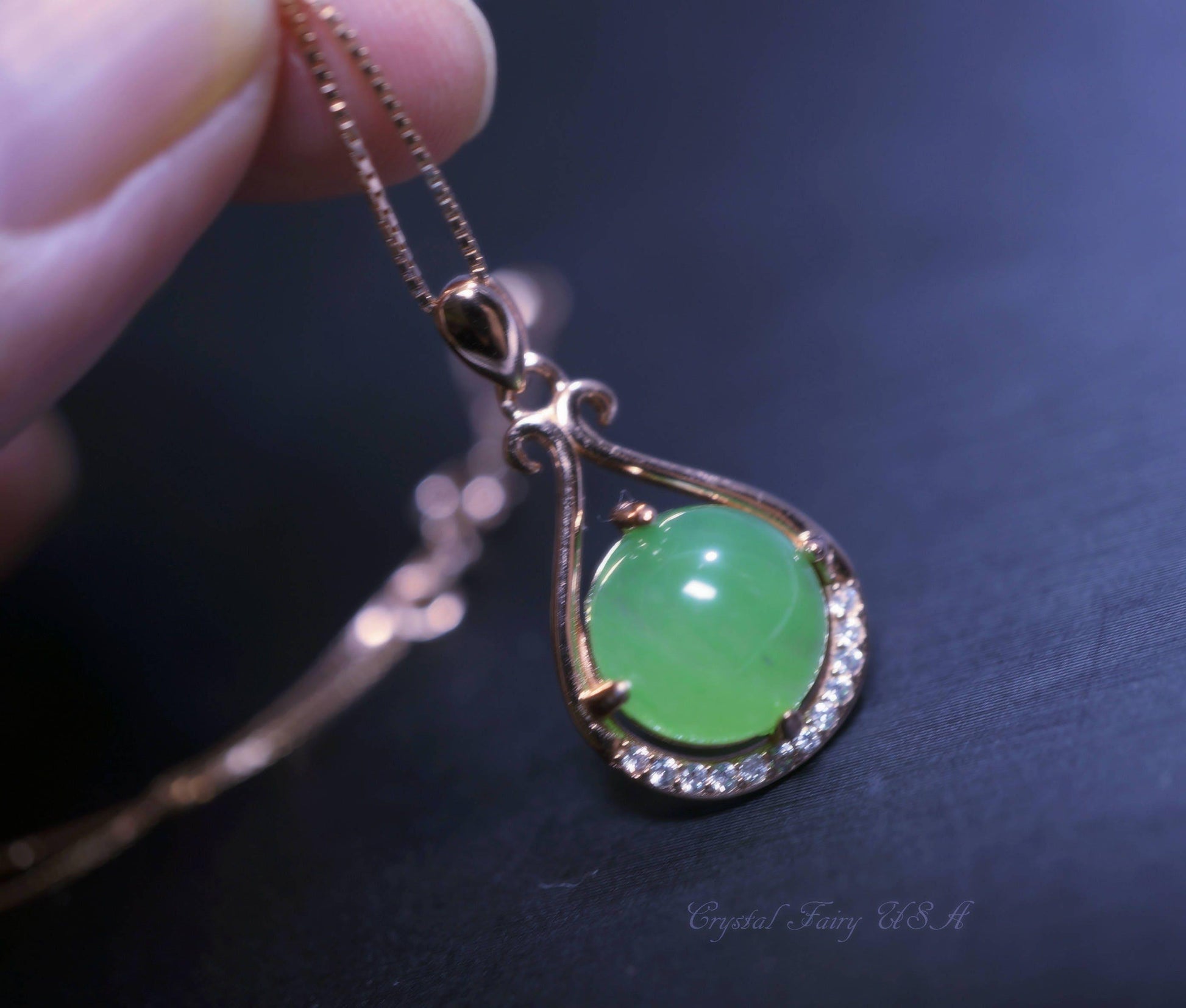 Sterling Silver Green Jade Necklace - Rose Gold High Quality Natural Emerald Jade Jewelry - Vintage Victorian Genuine Jade Pendant #204