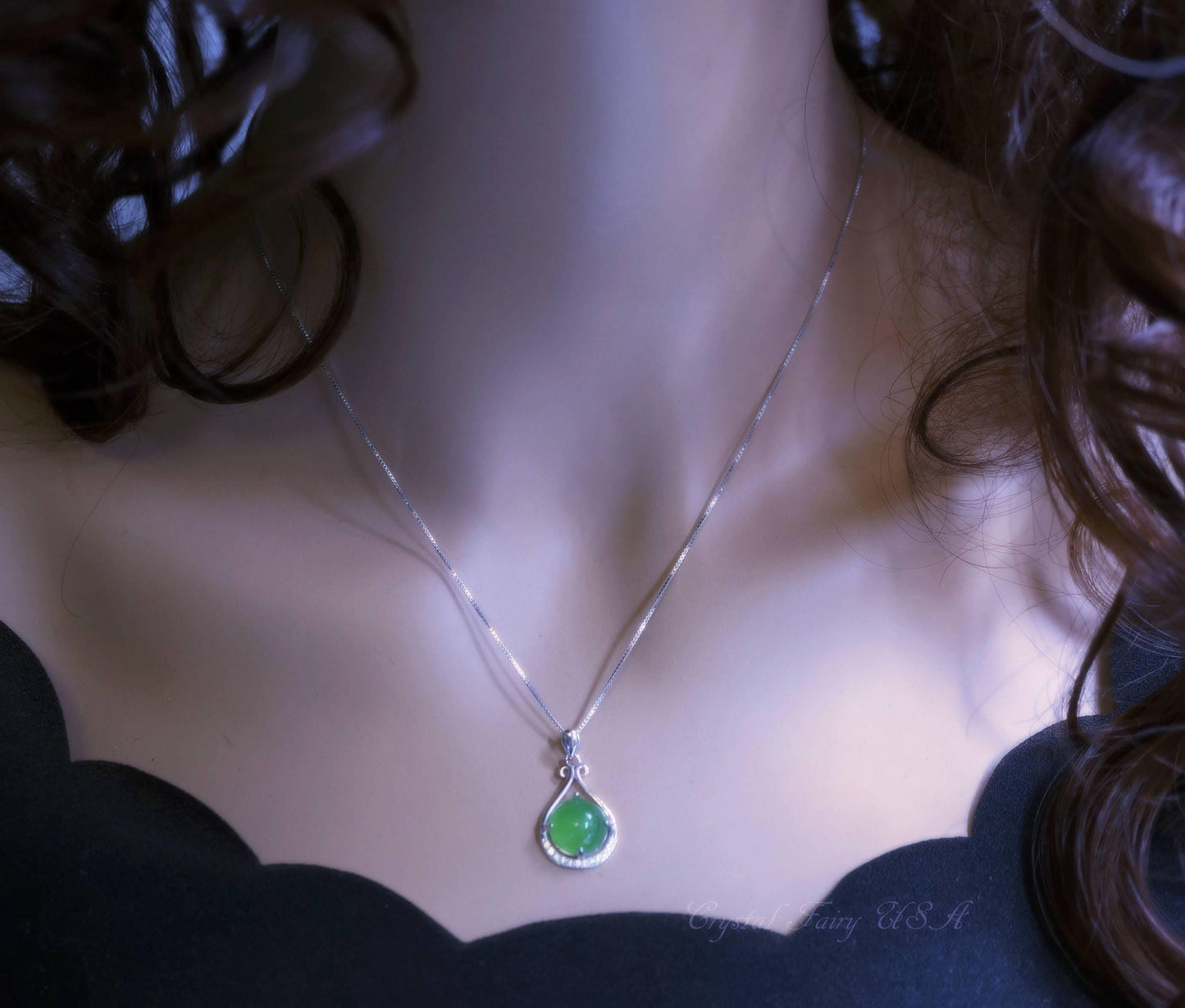 Sterling Silver Green Jade Necklace - Rose Gold High Quality Natural Emerald Jade Jewelry - Vintage Victorian Genuine Jade Pendant #204