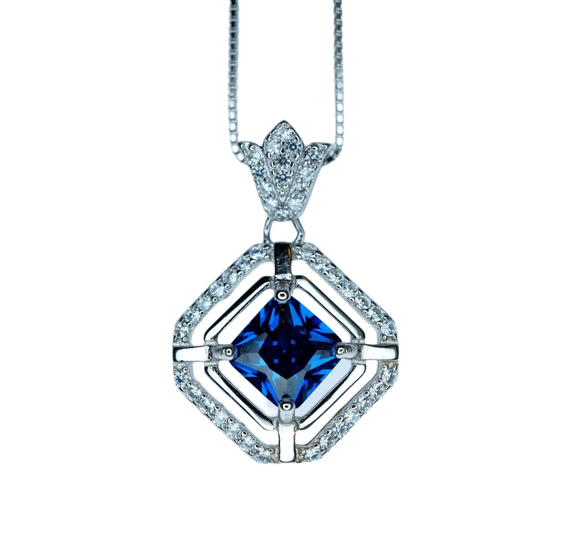 Square Blue Sapphire Necklace - White Gold plated Sterling Silver - 1 CT Blue Sapphire Pendant - Dainty Double Halo Tiny Crown Flower #392