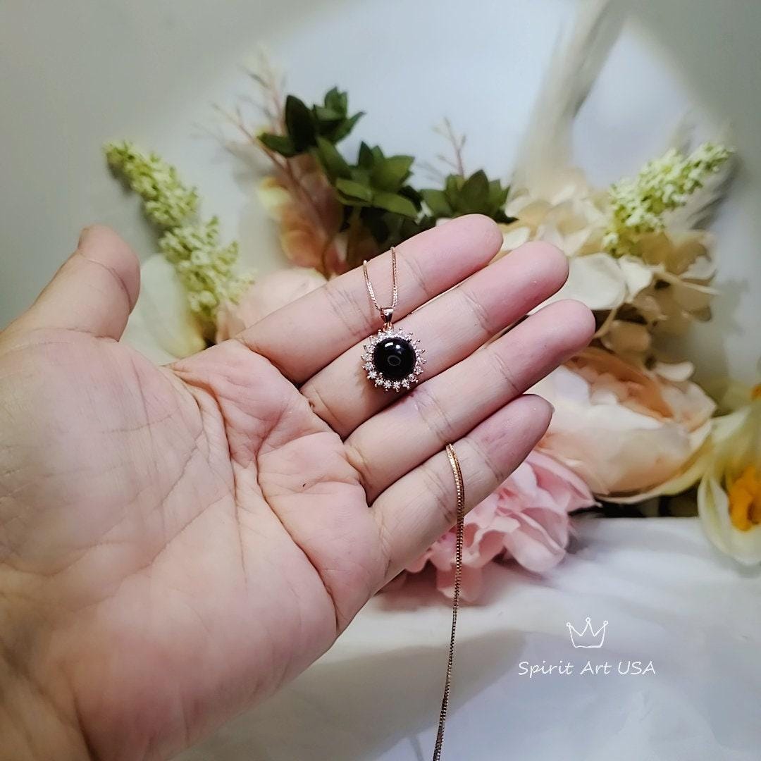 Black Onyx Necklace Rose Gold Coated Sterling Silver made, Black Gemstone Pendant Sunflower Princess Diana Style Root Chakra Healing 236