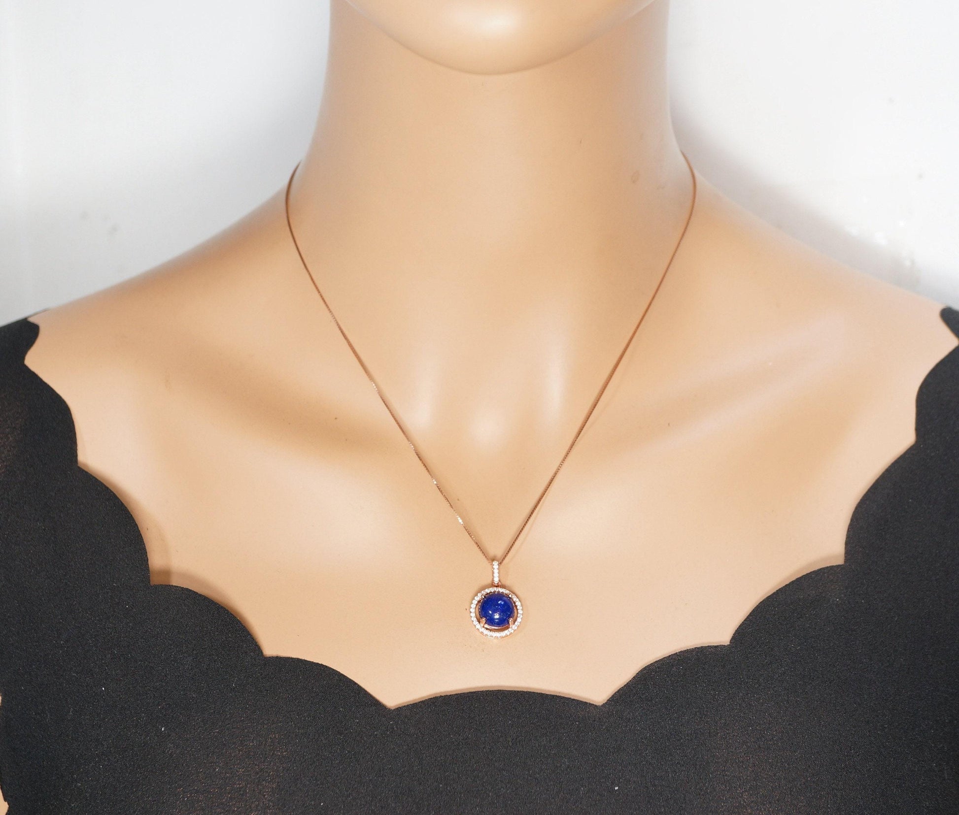 Lapis Lazuli Necklace - Rose Gold coated Sterling Silver Round Halo Gemstone Genuine Natural Blue Lapis Lazuli Pendant Jewelry #274