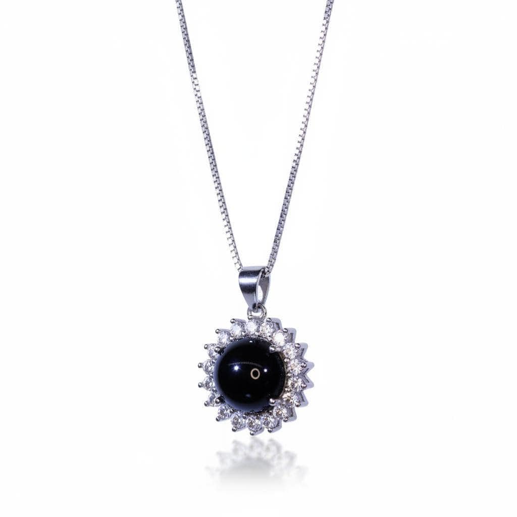 Black Onyx Necklace Rose Gold Coated Sterling Silver made, Black Gemstone Pendant Sunflower Princess Diana Style Root Chakra Healing 236