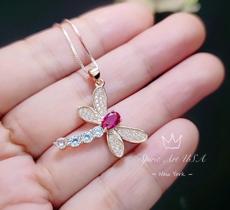 Dragonfly Ruby Necklace - Rose Gold Coated 925 Sterling Silver - July Birthstone oval cut red ruby 16" ~20" Adjustable Chain #337