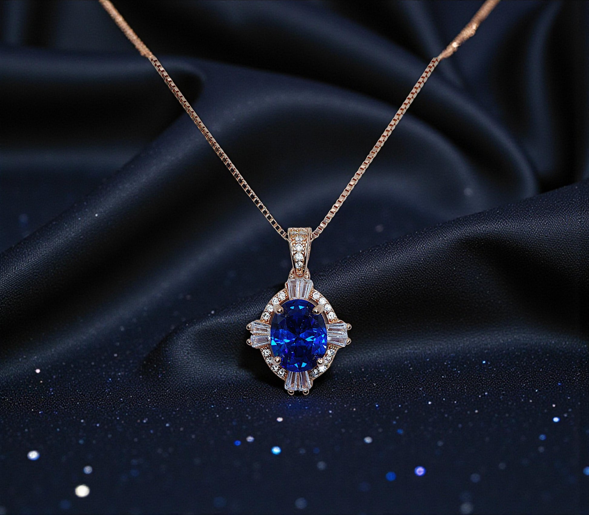 Blue Sapphire Rose Gold Necklace Rose Gold Sterling Silver Gemstone Oval Blue Gemstone Pendant September Birthstone #163