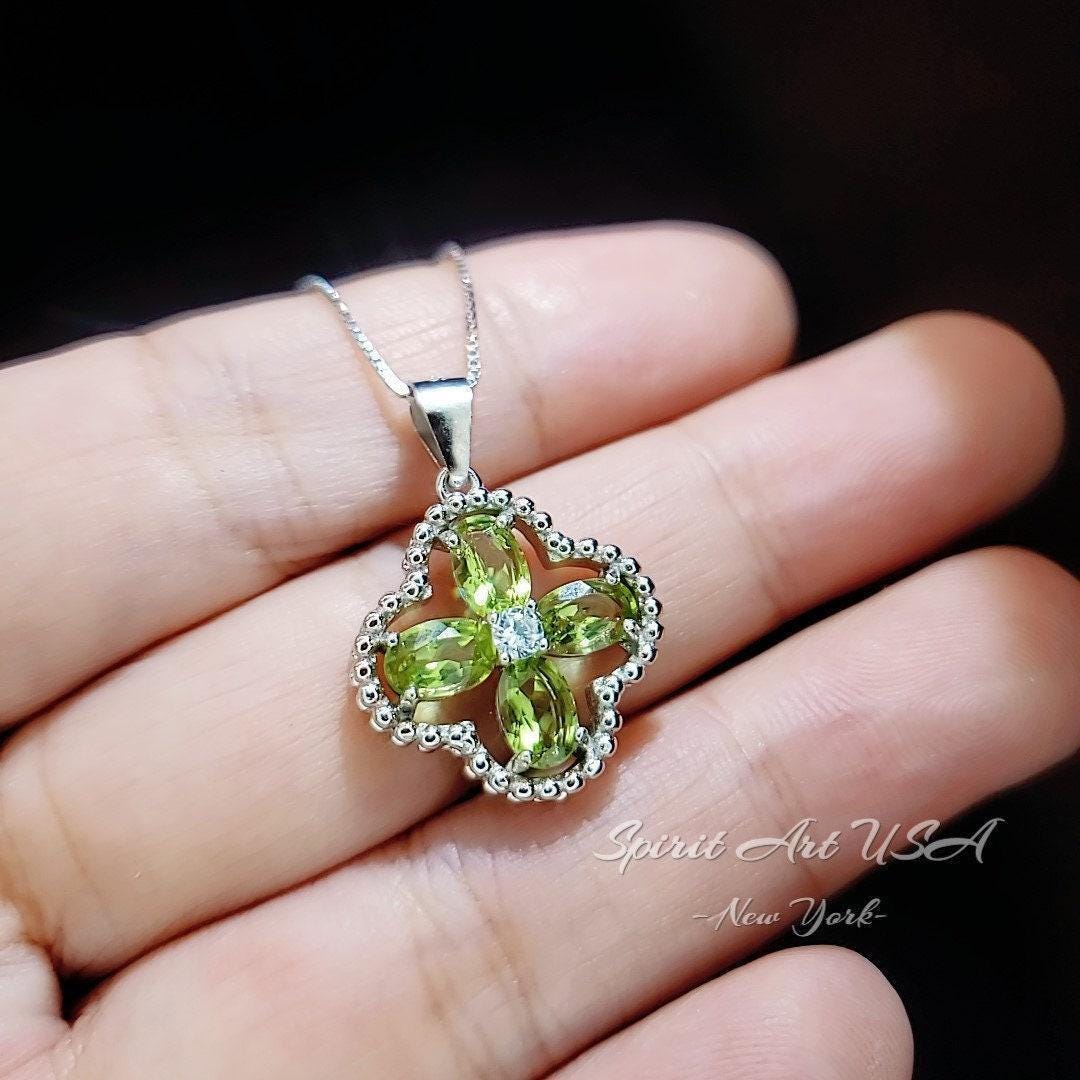 Genuine Green Peridot Necklace, 925 Sterling Silver Four Leaf Clover Pendant, Natural Peridot Pendant August Birthstone Leaf Jewelry #233