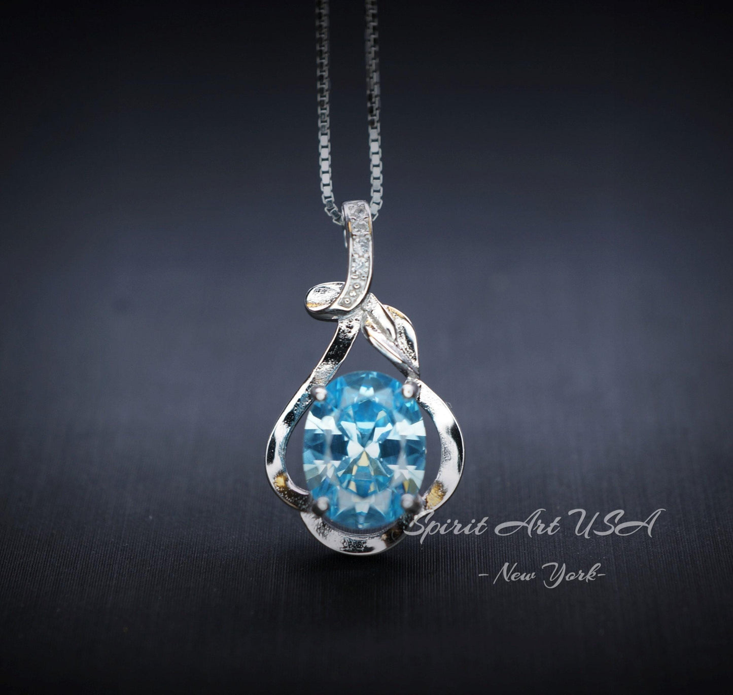Dainty Sterling Silver Flower Aquamarine Necklace March Birthstone Solitaire High Quality Aquamarine #257