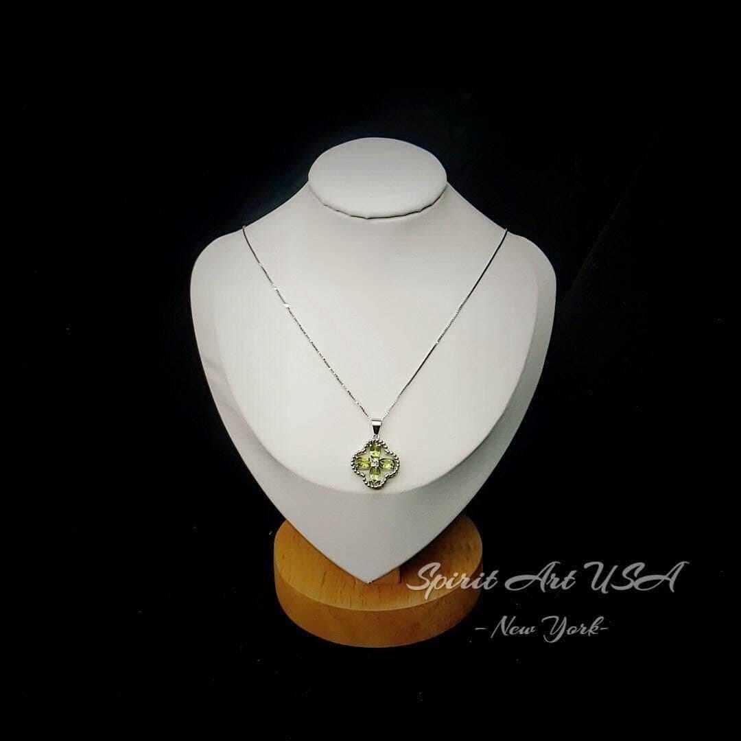 Genuine Green Peridot Necklace, 925 Sterling Silver Four Leaf Clover Pendant, Natural Peridot Pendant August Birthstone Leaf Jewelry #233