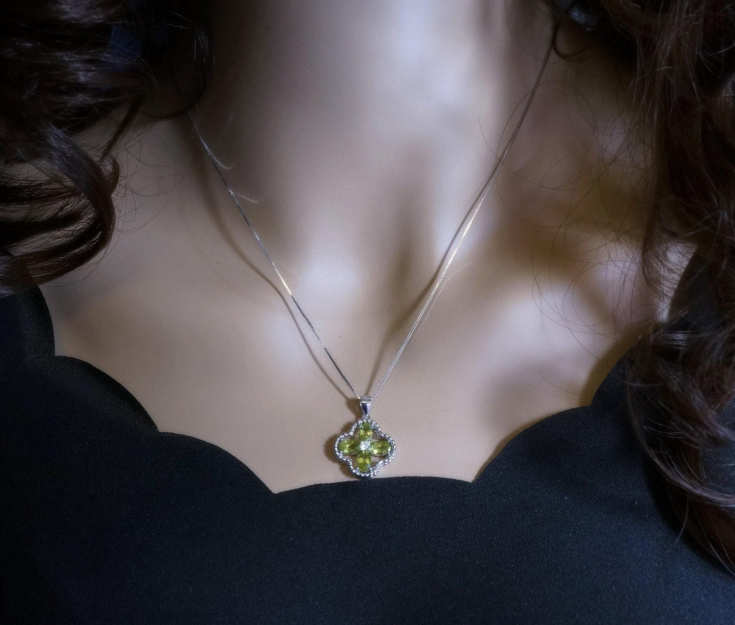 Genuine Green Peridot Necklace, 925 Sterling Silver Four Leaf Clover Pendant, Natural Peridot Pendant August Birthstone Leaf Jewelry #233
