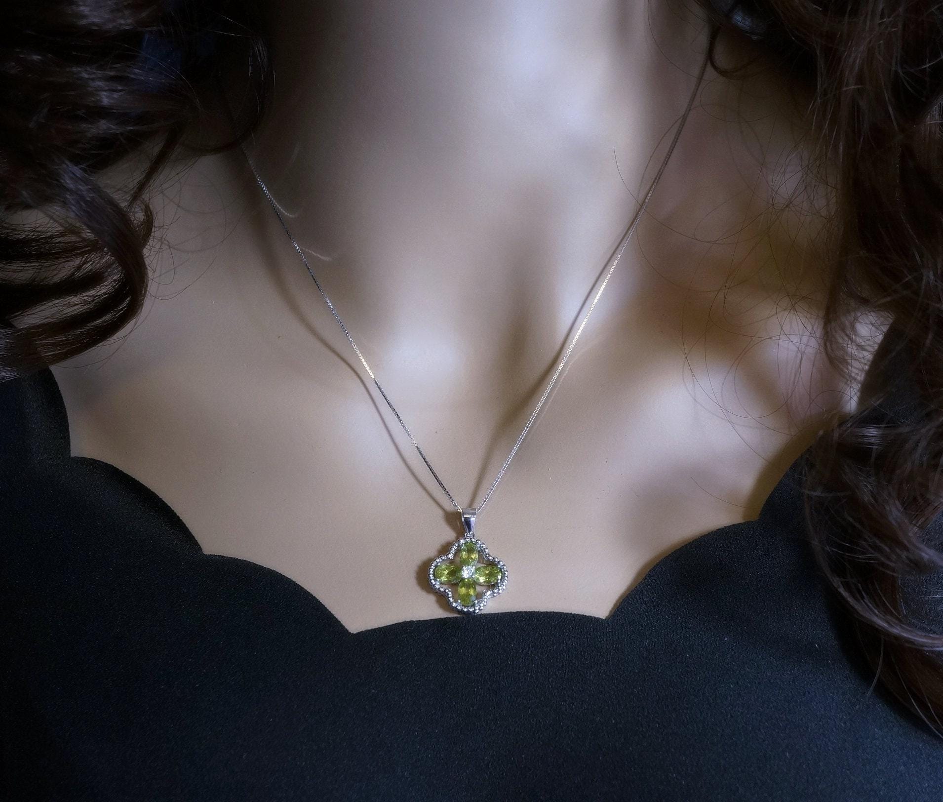 Genuine Green Peridot Necklace, 925 Sterling Silver Four Leaf Clover Pendant, Natural Peridot Pendant August Birthstone Leaf Jewelry #233