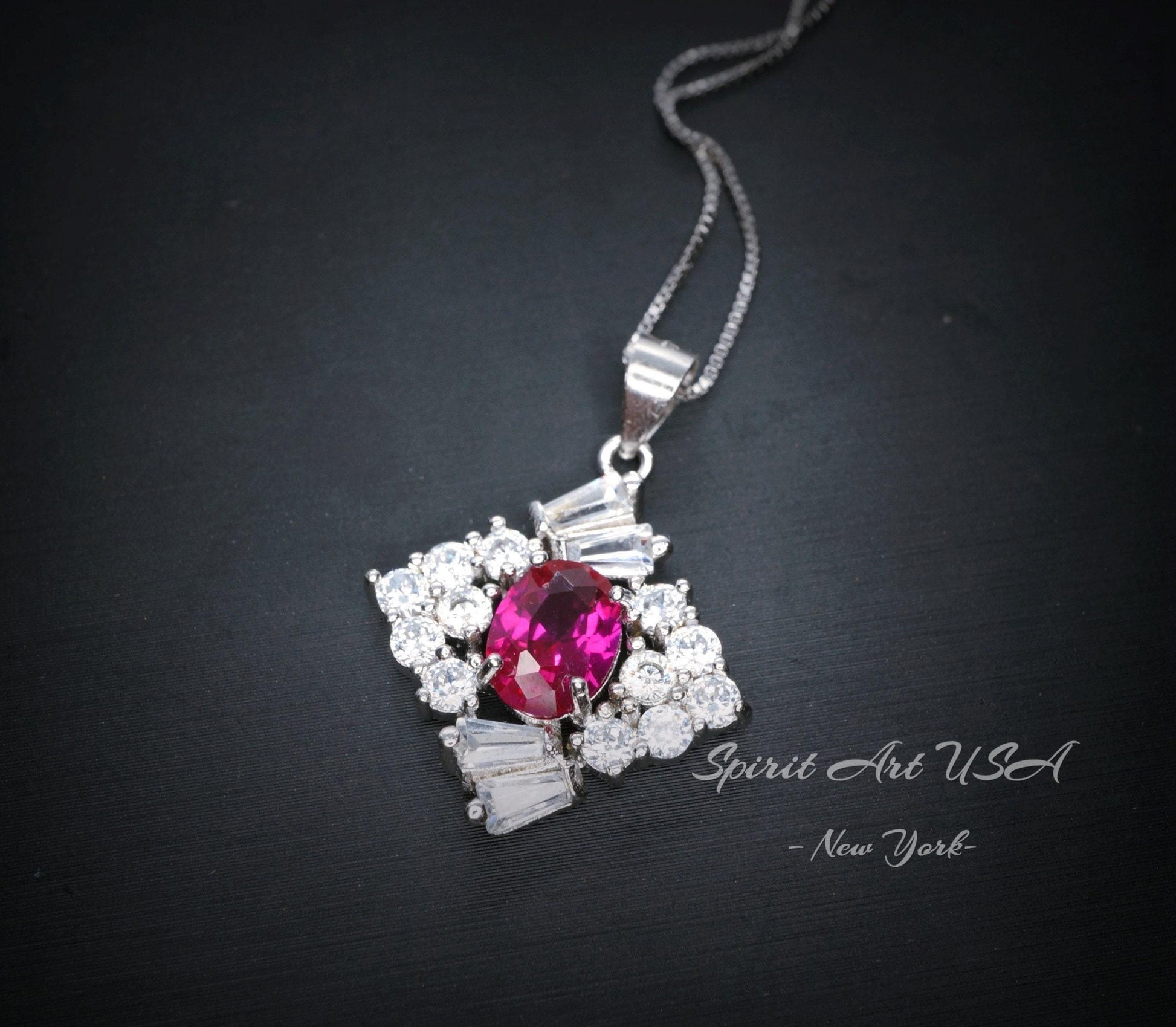 Diamond Style Red Ruby Necklace White Gold Plated Sterling Silver 1.7 CT Red Gemstone Pendant July Birthstone 1035