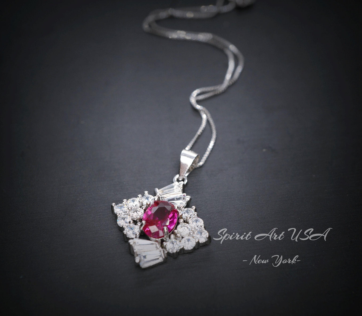 Diamond Style Red Ruby Necklace White Gold Plated Sterling Silver 1.7 CT Red Gemstone Pendant July Birthstone 1035