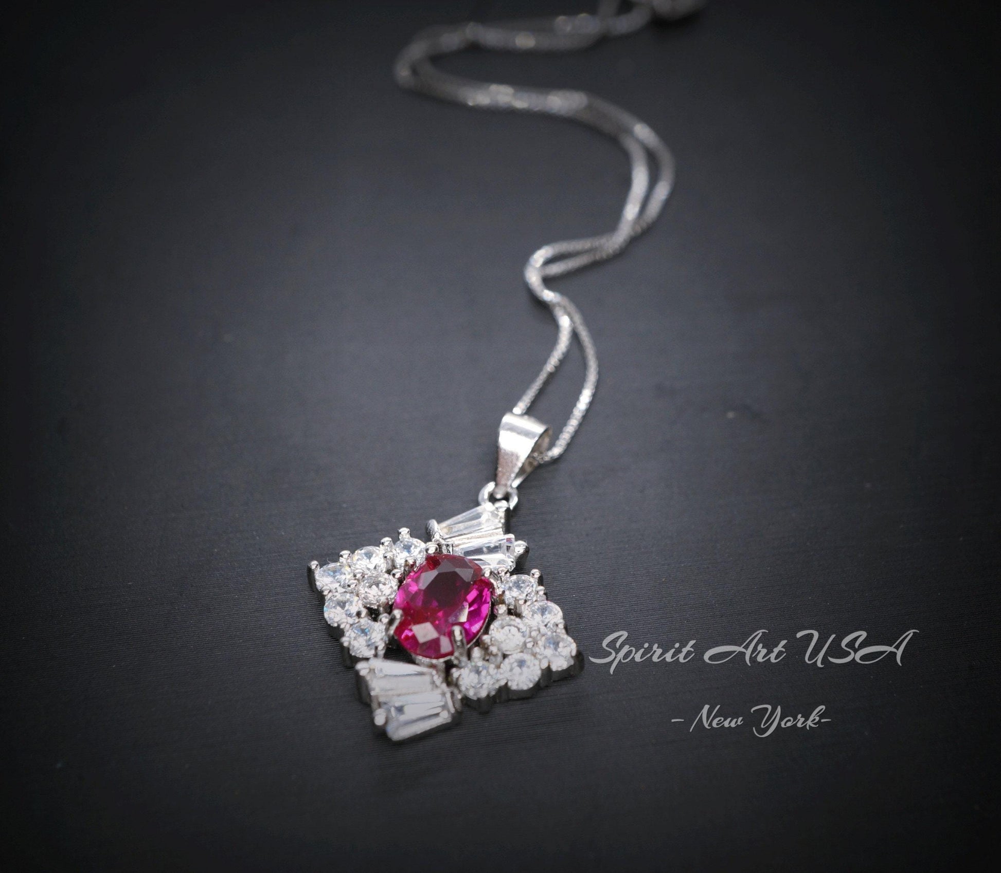 Diamond Style Red Ruby Necklace White Gold Plated Sterling Silver 1.7 CT Red Gemstone Pendant July Birthstone 1035