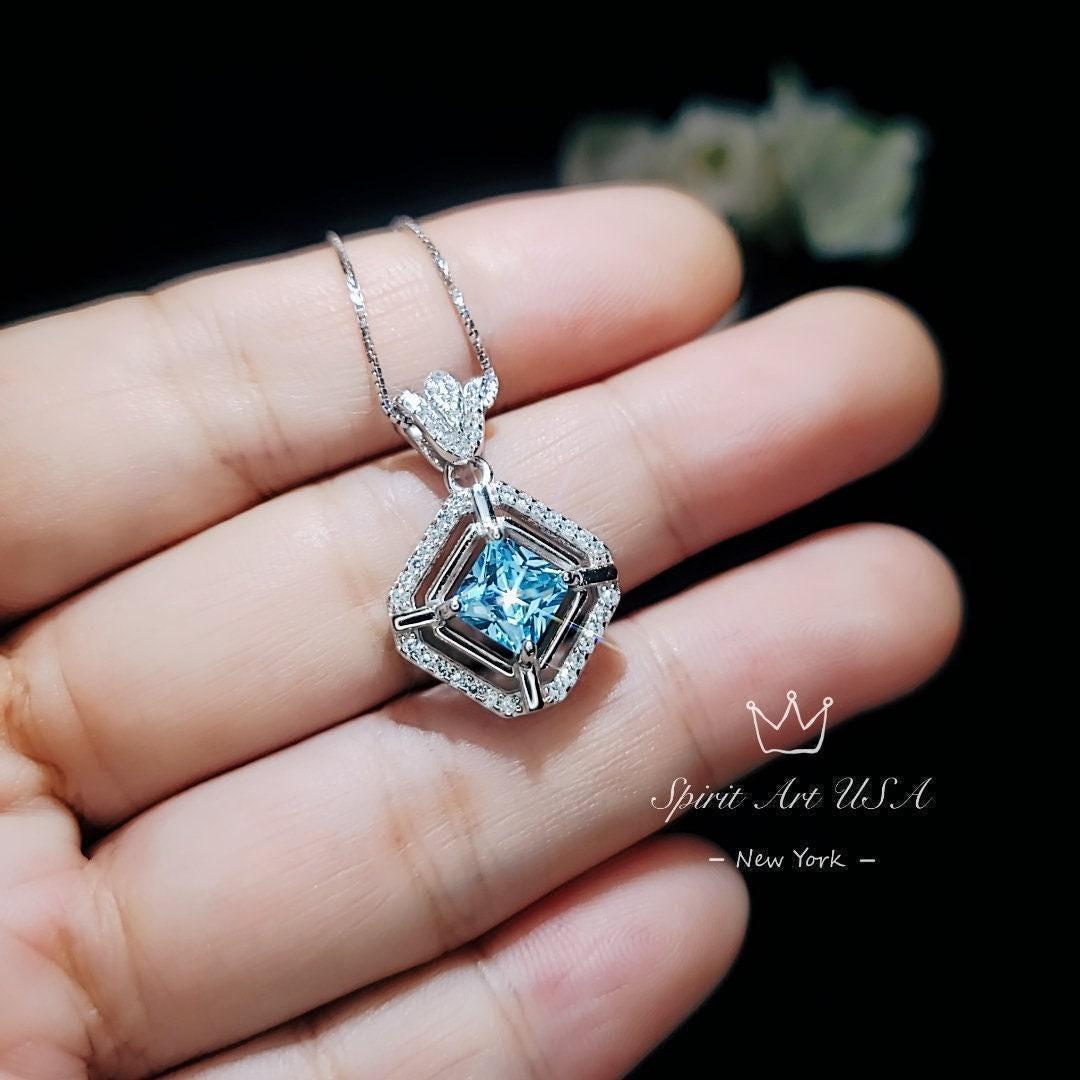 Gemstone Crown Square Aquamarine Necklace - 18kgp @ Sterling Silver - Halo 0.9 CT Blue Aquamarine Pendant - March Birthstone #258