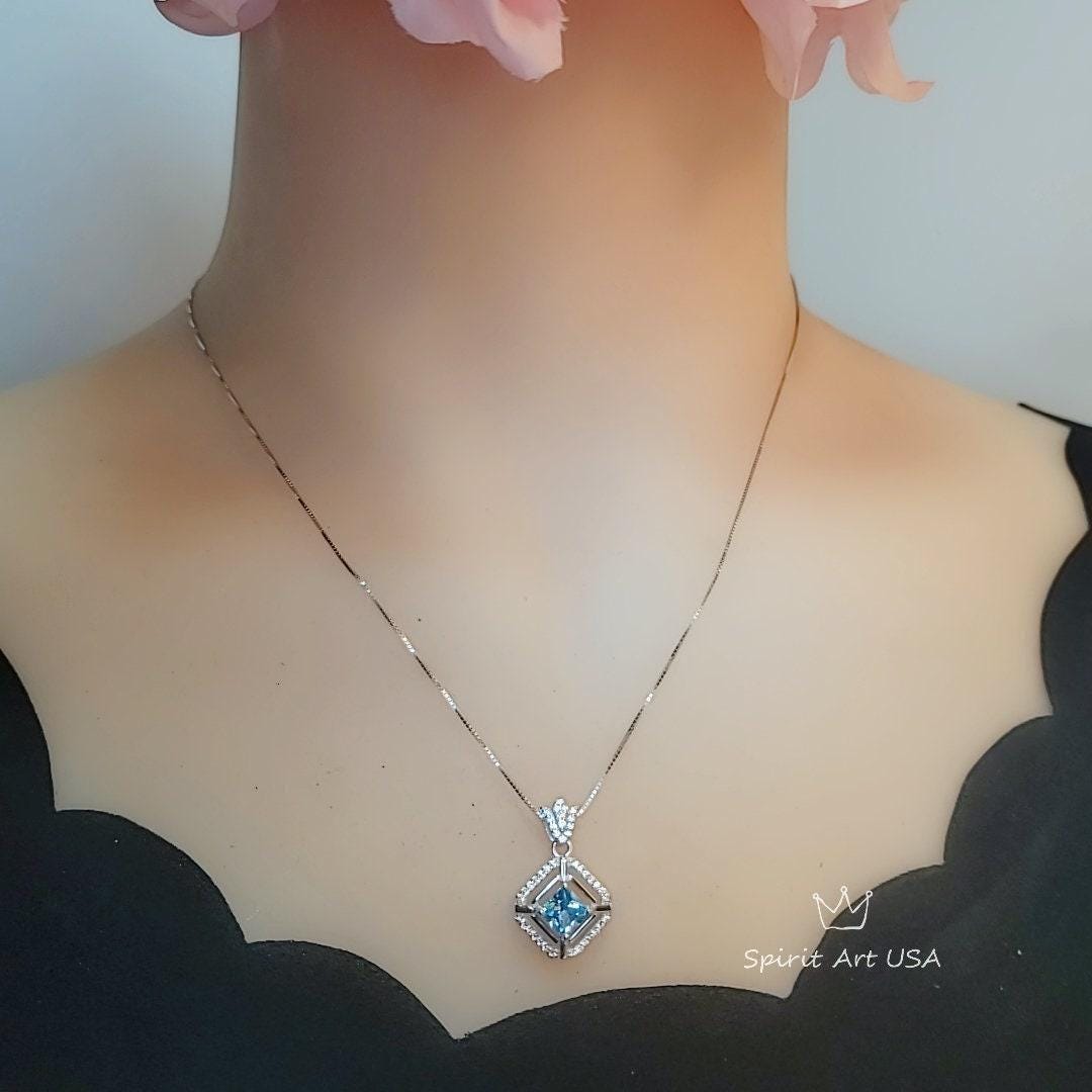 Gemstone Crown Square Aquamarine Necklace - 18kgp @ Sterling Silver - Halo 0.9 CT Blue Aquamarine Pendant - March Birthstone #258