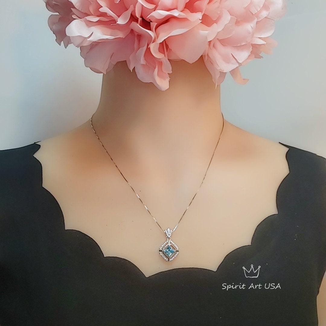Gemstone Crown Square Aquamarine Necklace - 18kgp @ Sterling Silver - Halo 0.9 CT Blue Aquamarine Pendant - March Birthstone #258