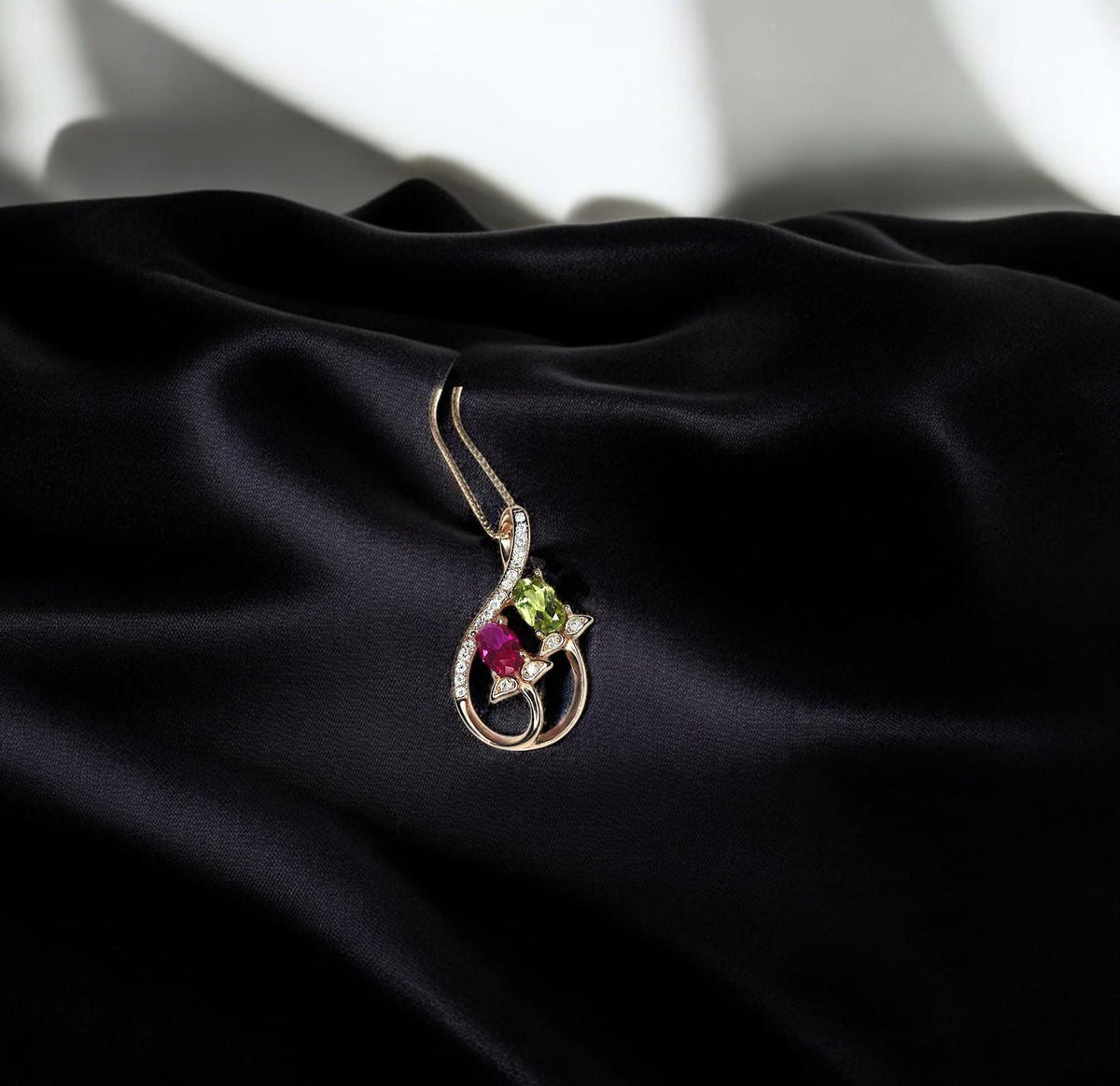 Dainty Ruby Peridot Necklace, Rose gold coated Sterling Silver Green Peridot Pendant, Flower Red Ruby Peridot birthstone #1000