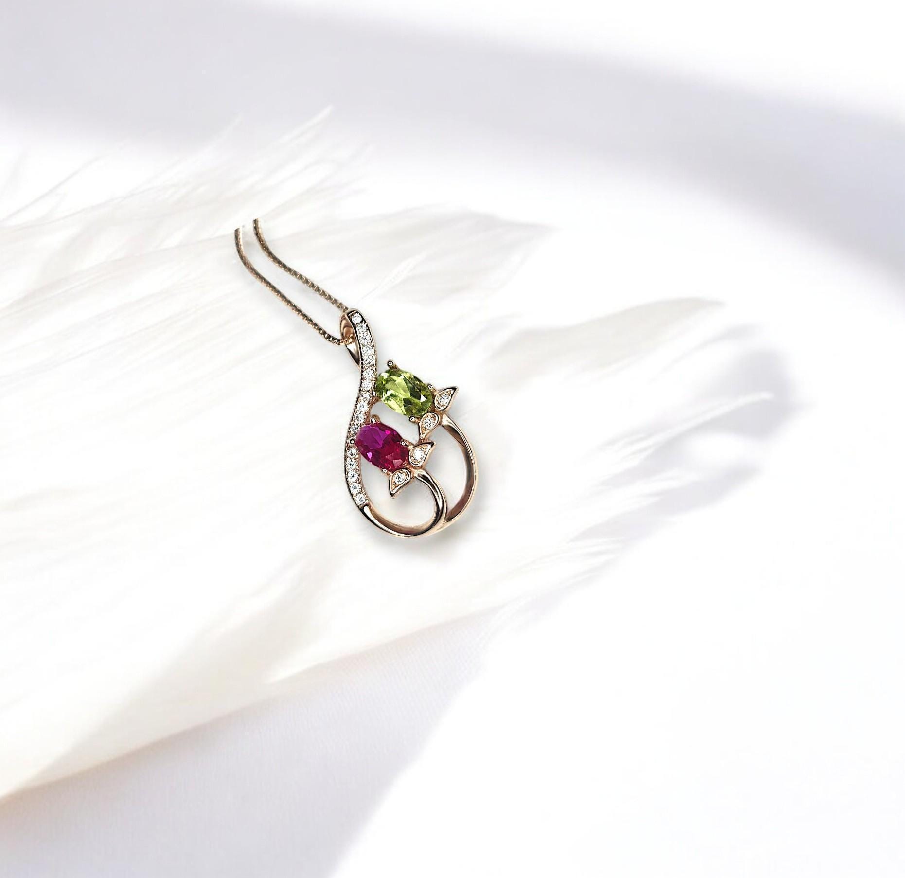 Dainty Ruby Peridot Necklace, Rose gold coated Sterling Silver Green Peridot Pendant, Flower Red Ruby Peridot birthstone #1000