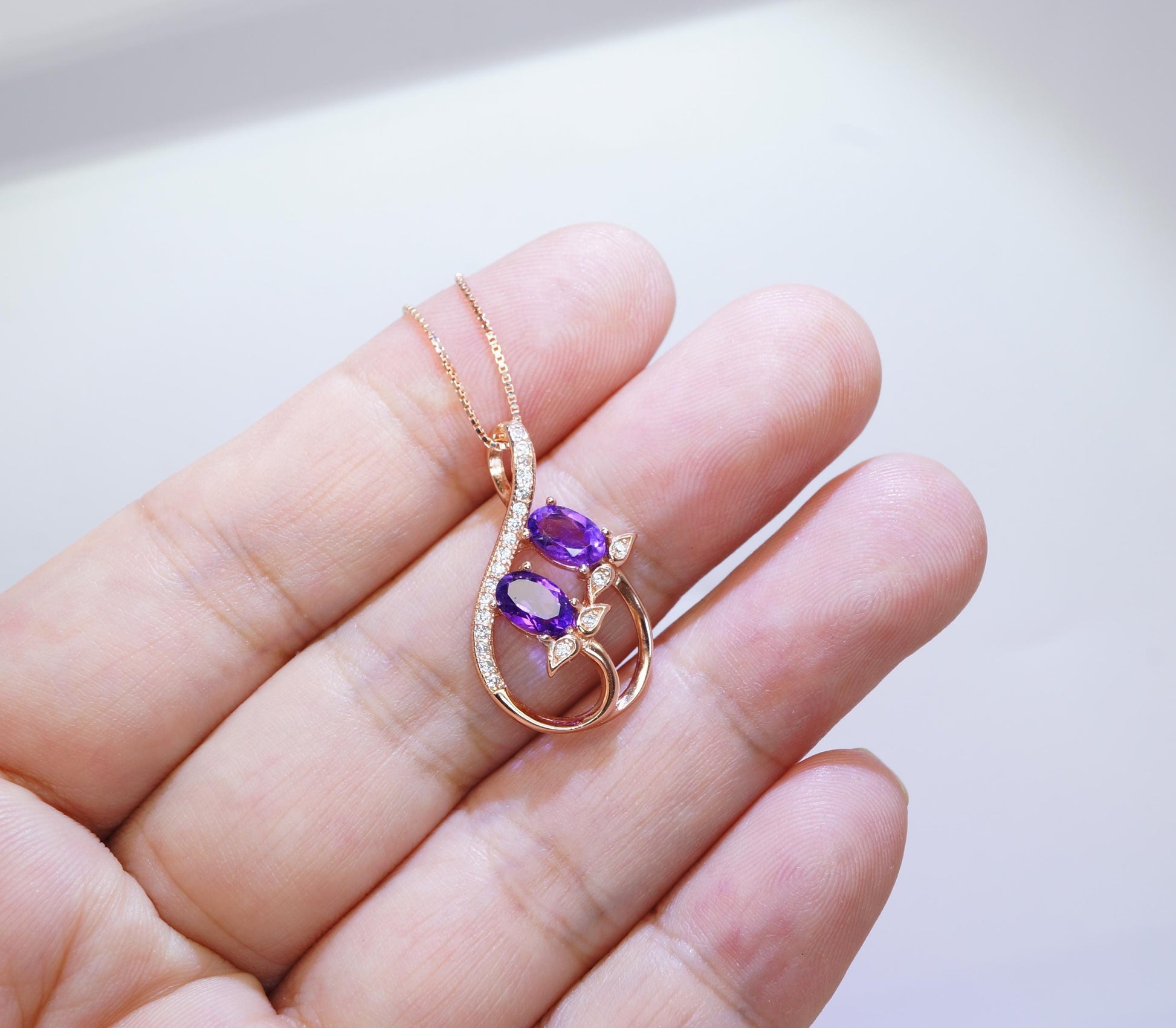 Genuine Amethyst Necklace, Floral Style - 18kgp @ Sterling Silver - Natural Lanvnder Amethyst Jewelry, Crystal Yoga Pendant Rose gold style