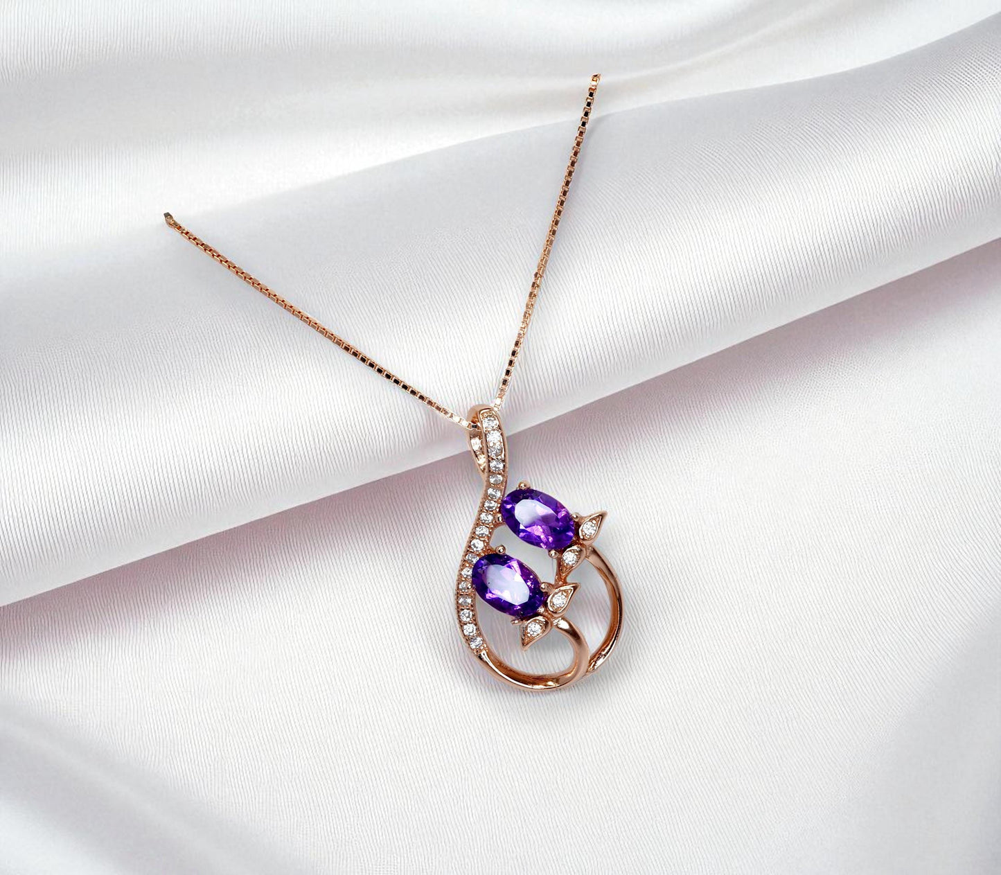 Genuine Amethyst Necklace, Floral Style - 18kgp @ Sterling Silver - Natural Lanvnder Amethyst Jewelry, Crystal Yoga Pendant Rose gold style