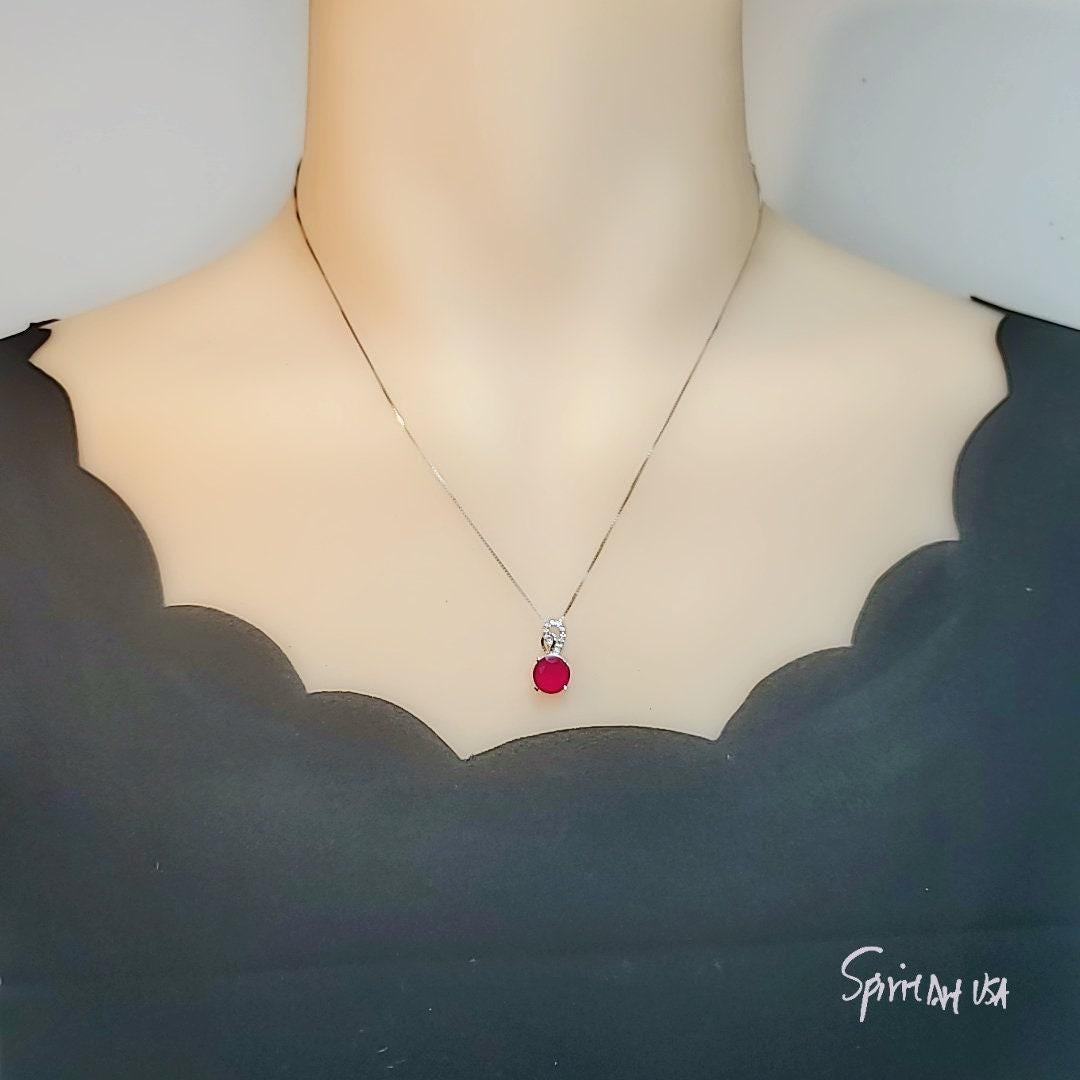 Solitaire Red Ruby Necklace - 18KGP Sterling Silver Simple 1.5 Ct Sim Diamond Red Ruby Pendant - July Birthstone White Gold coated 1023