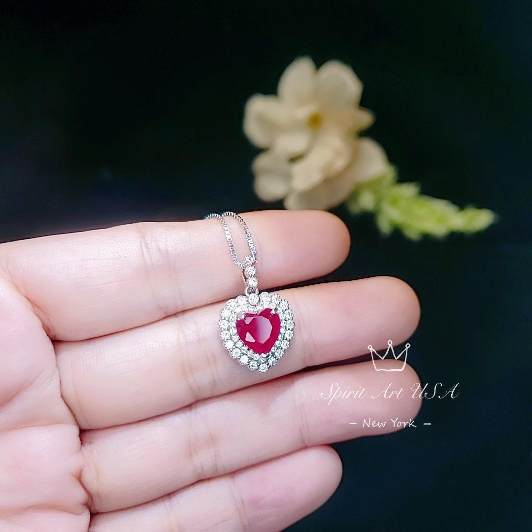 Red Ruby Heart Necklace Double Diamond Halo White Gold Plated Sterling Silver July Birthstone 2 CT Pendant