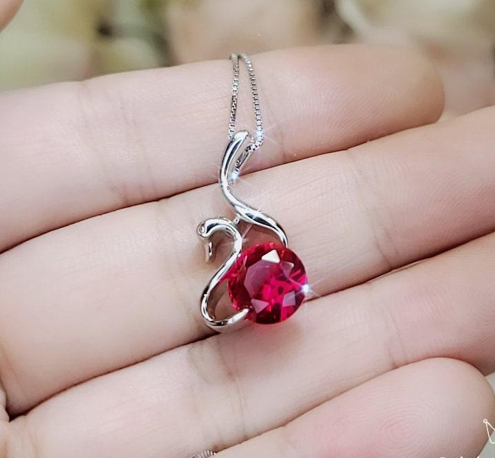 Swan Ruby Necklace Sterling Silver 18KGP Ruby Pendant July Birthstone - Sterling Silver Swan Jewelry - Solitaire Ruby chain #280