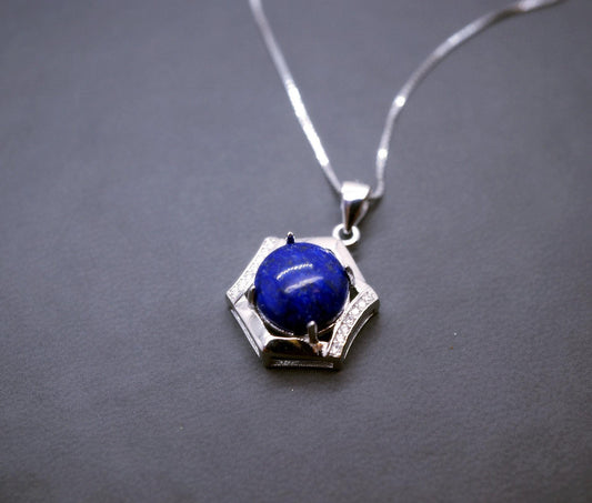 Sterling Silver Lapis Lazuli Necklace, Blue Stone Hexagon Six Sides Geometric Halo Natural Cobalt Lapis Lazuli Box Chakra Healing 1030