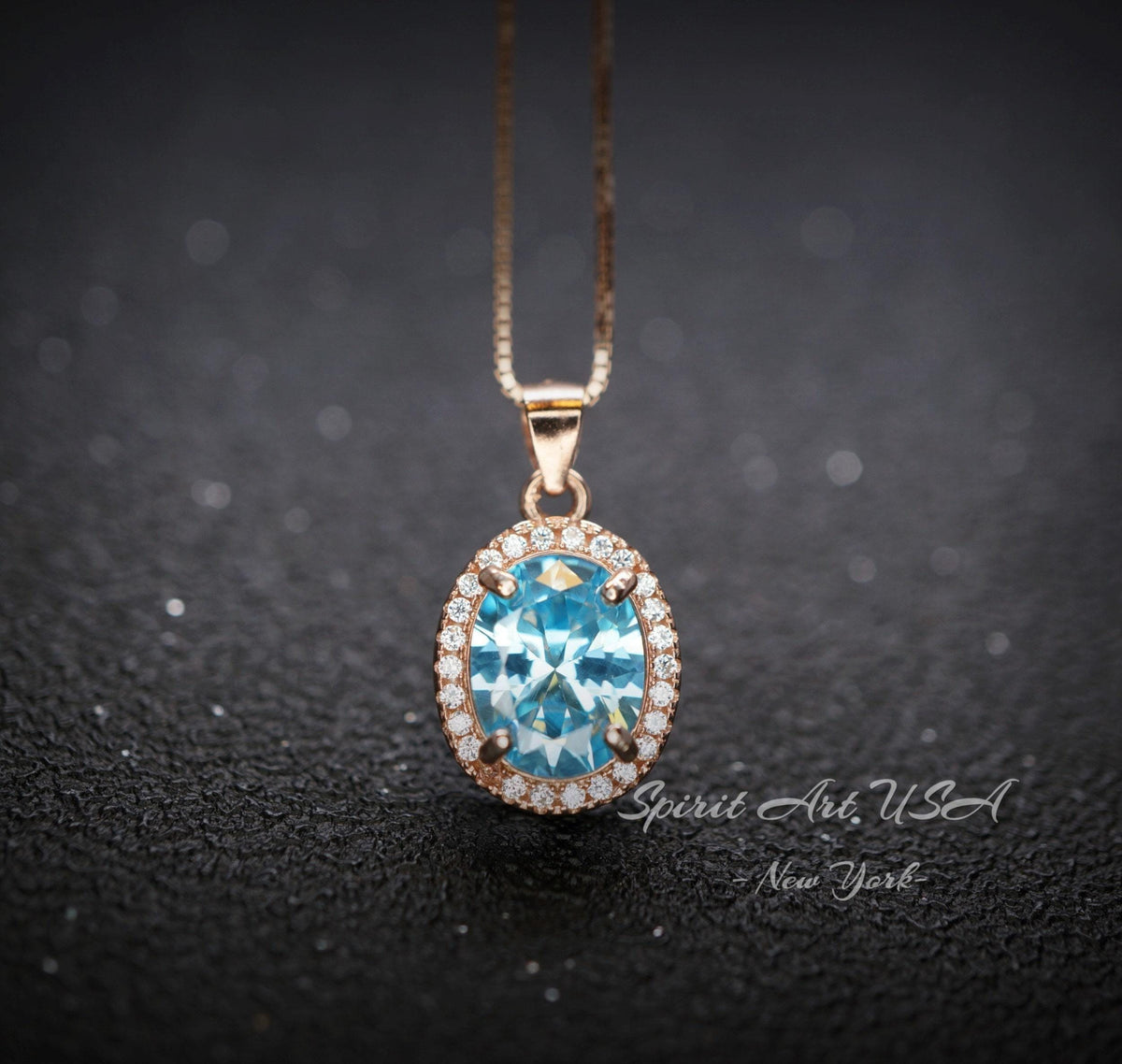 Aquamarine Necklace - Sterling Silver Rose Gold Halo Blue Aquamarine Pendant 18kgp @ Sterling Silver March Birthstone Adjustable Chain #316