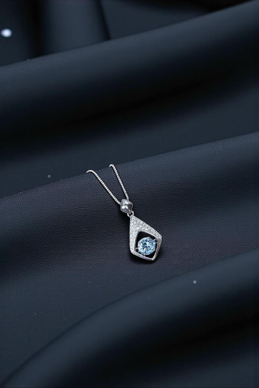 Dancing Aquamarine Necklace, Blue Gemstone Pendant, Sterling Silver Rhombus Jewelry, March Birthstone Gift, Moving Stone Necklace 1142