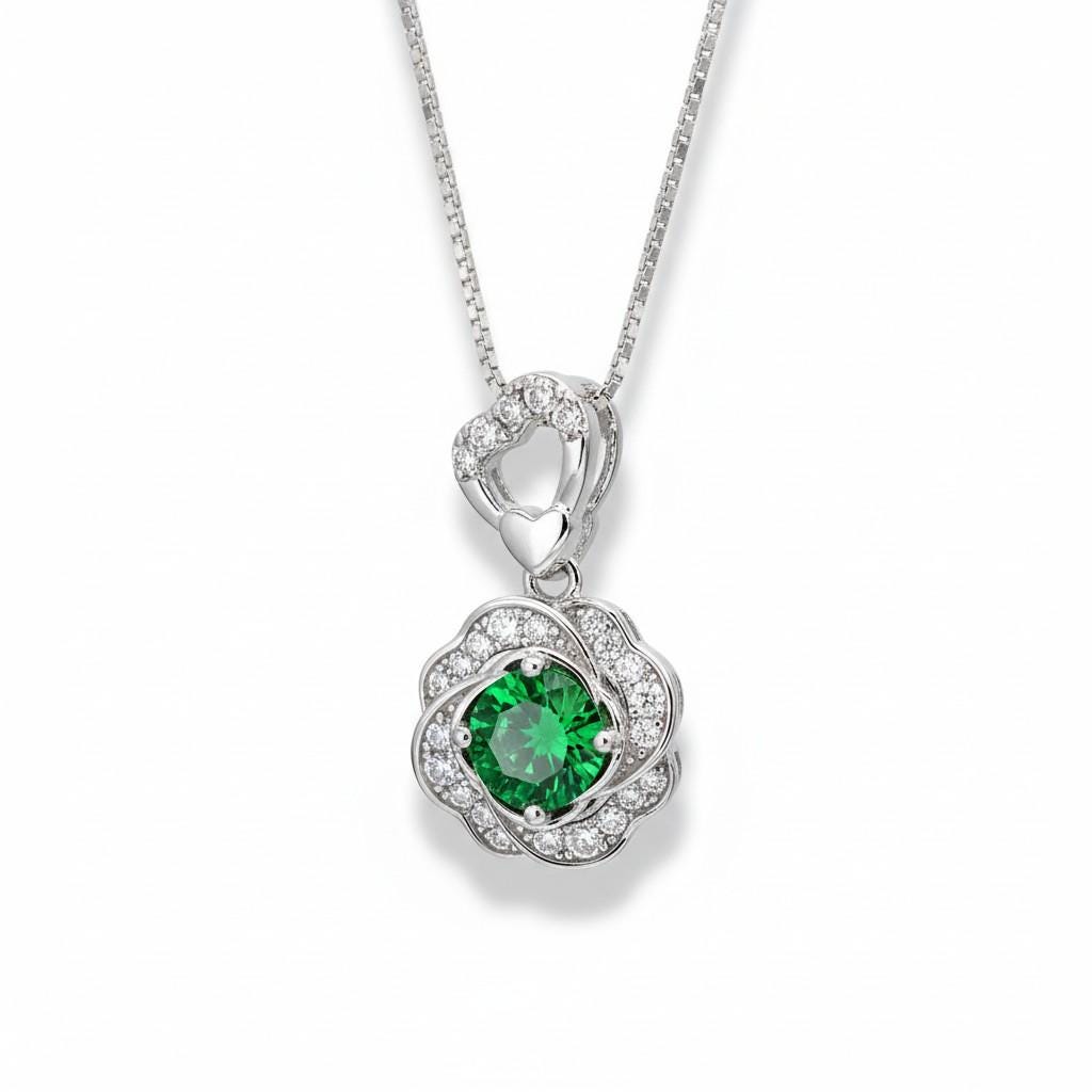 Green Diopside Emerald Necklace Rose Flower Style - 18kgp Sterling Silver - Dainty Round Cut Gemstone Halo Diopside Pendant #398