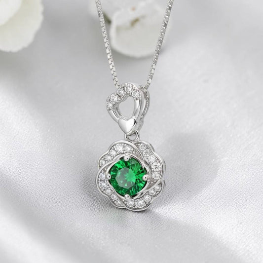 Green Diopside Emerald Necklace Rose Flower Style - 18kgp Sterling Silver - Dainty Round Cut Gemstone Halo Diopside Pendant #398