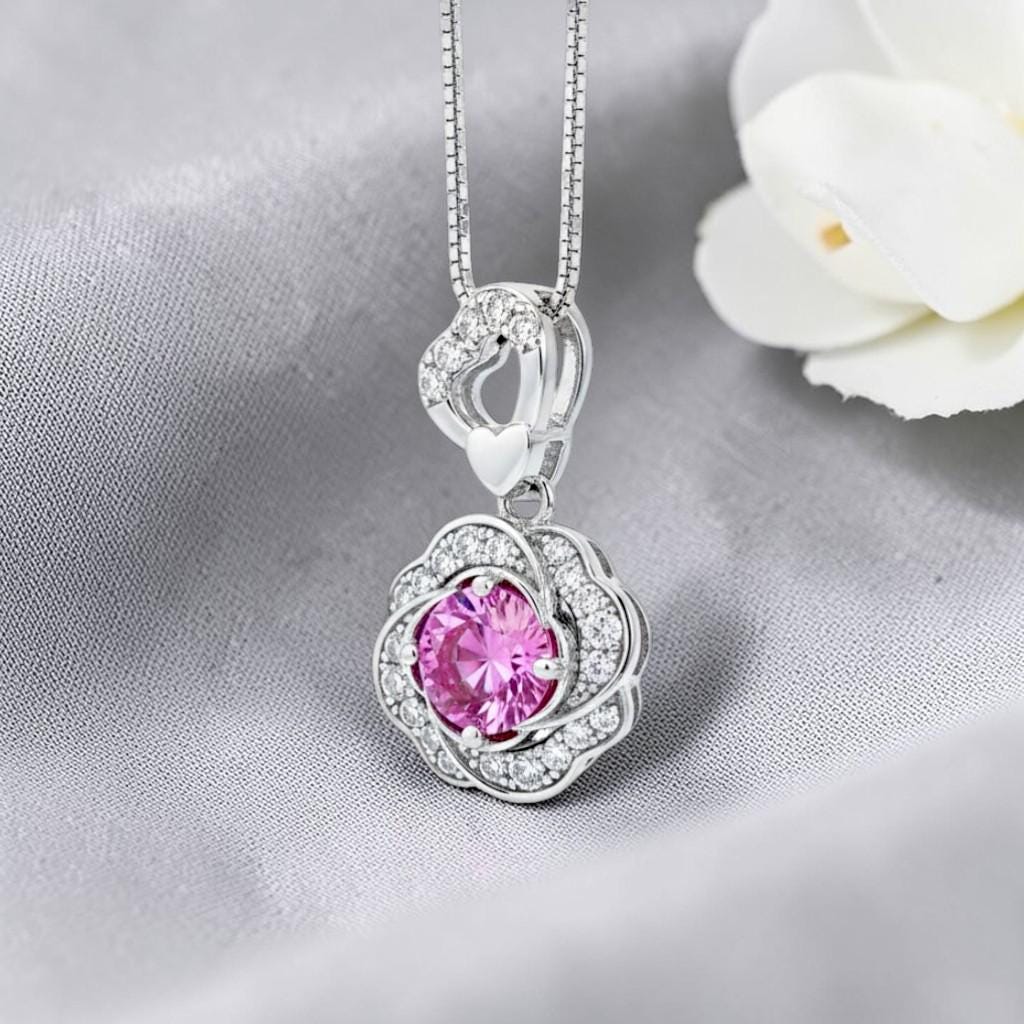 Pink Tourmaline Necklace - 18KGP @ Sterling Silver - Rose Flower Necklace - Pink Tourmaline Pendant #402