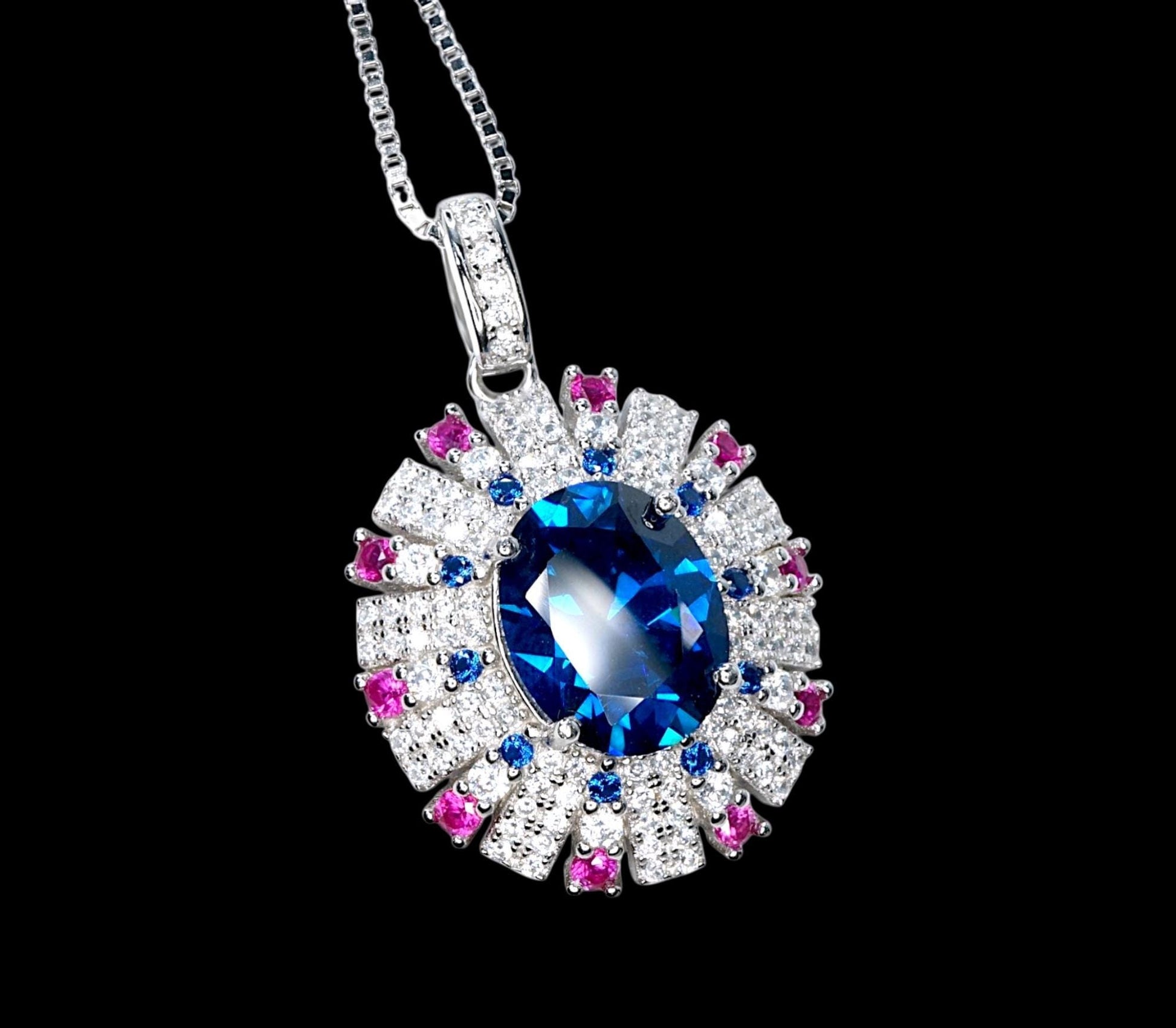 Blue Sapphire Necklace Source Light Style 18KGP @ Sterling Silver - 3 CT Blue Sapphire Pendant - Radiant Blue Sapphire Jewelry #898