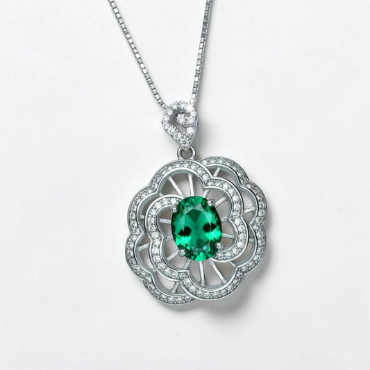 Large Gemstone Peony Emerald Necklace 2.1 CT Oval Cut Emerald Pendant 18KGP @ Sterling Silver #562