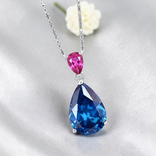 Large Teardrop Blue Sapphire Necklace - Pear Cut 7 CT Blue Sapphire Pendant 18KGP Sterling Silver - September Birthstone #858