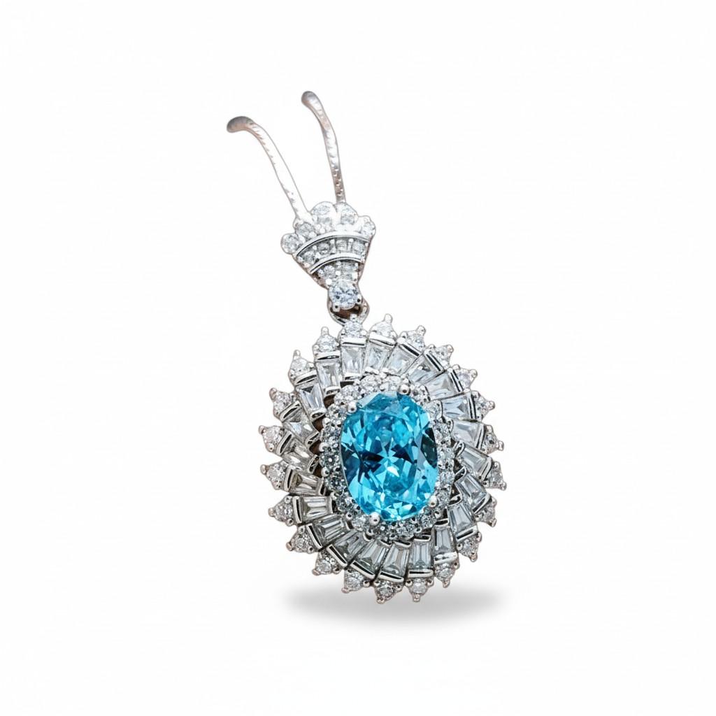 Aquamarine Halo Pendant Necklace in Sterling Silver, Baguette Round Sunburst Cluster, March Birthstone Deep Blue Aquamarine #777