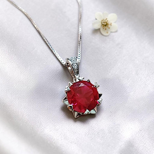 8mm Ruby Necklace - 18kgp @ Sterling Silver - 2.2 CT Red Ruby Pendant - Tiny Dainty July Birthstone 096
