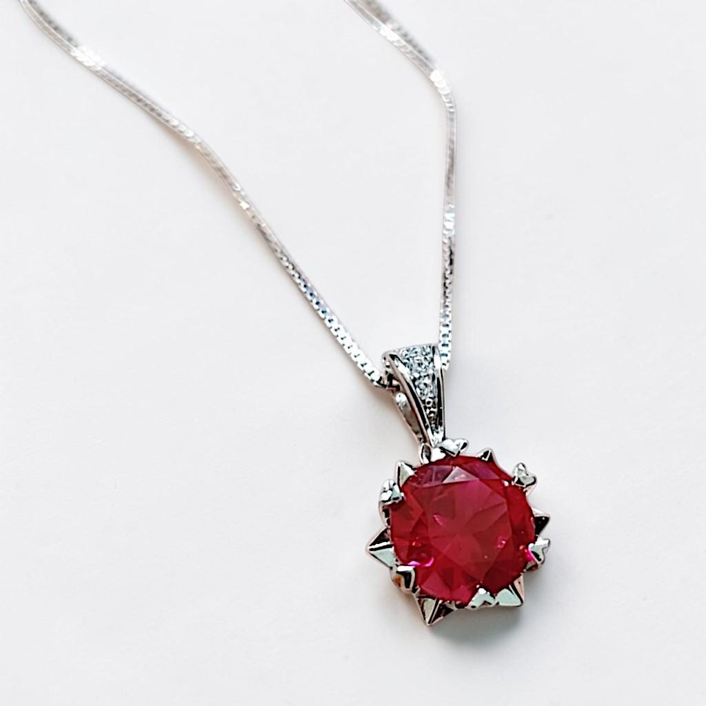 8mm Ruby Necklace - 18kgp @ Sterling Silver - 2.2 CT Red Ruby Pendant - Tiny Dainty July Birthstone 096