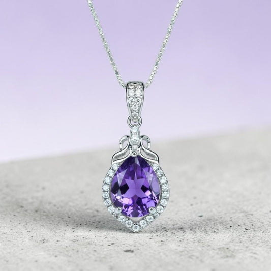 Natural Teardrop Amethyst Necklace - Sterling Silver Tiny Crown Chakra Healing - Purple Gemstone Jewelry February Birthstone #371
