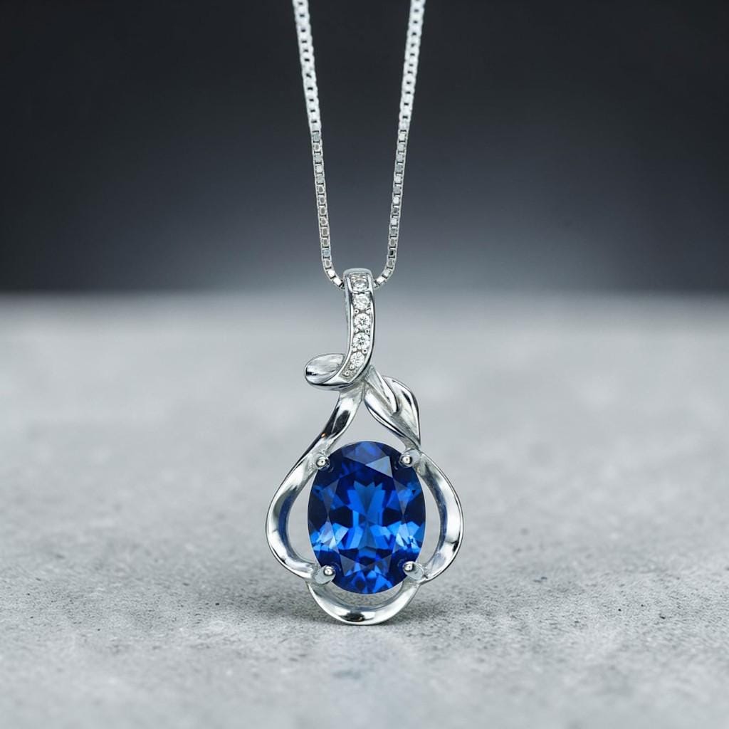 Tiny Blue Sapphire Necklace Sterling Silver Flower White Gold Plated Petal 1.5 CT Blue Gemstone Pendant September Birthstone #161