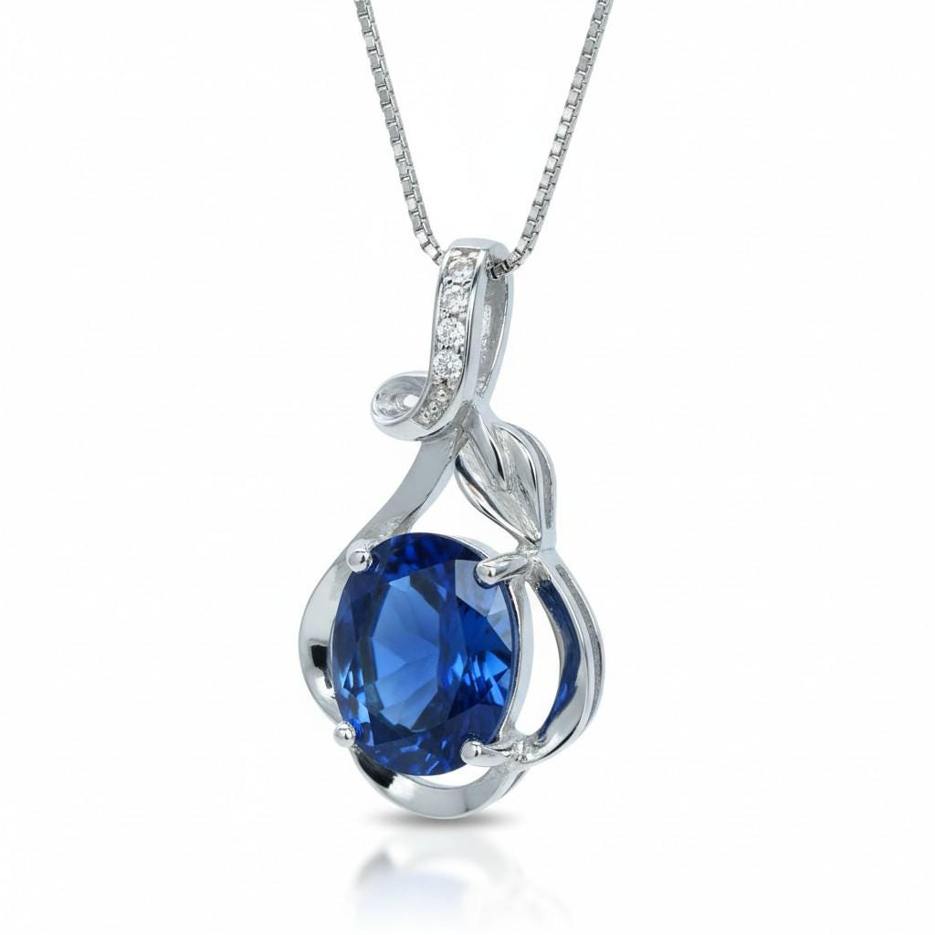 Tiny Blue Sapphire Necklace Sterling Silver Flower White Gold Plated Petal 1.5 CT Blue Gemstone Pendant September Birthstone #161