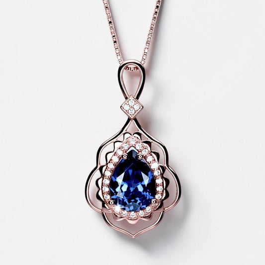 Rose Gold Blue Sapphire Necklace 2.75 CT Teardrop Royal Blue Gemstone Pendant Sterling Silver Pear Gemstone Halo Gold Petal Jewelry #743