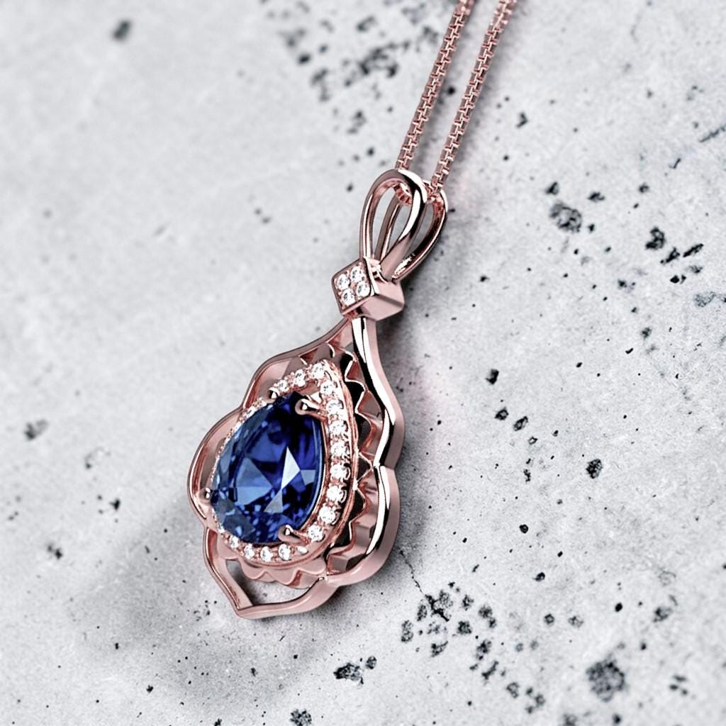 Rose Gold Blue Sapphire Necklace 2.75 CT Teardrop Royal Blue Gemstone Pendant Sterling Silver Pear Gemstone Halo Gold Petal Jewelry #743