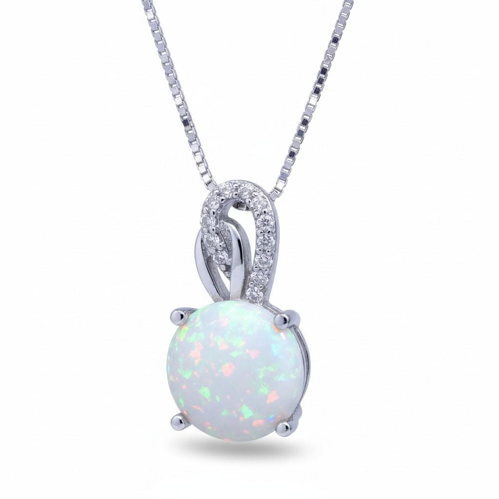 Single White Opal Necklace Sterling Silver Solitaire Simple Delicate 8 MM Fire Opal Pendant 083