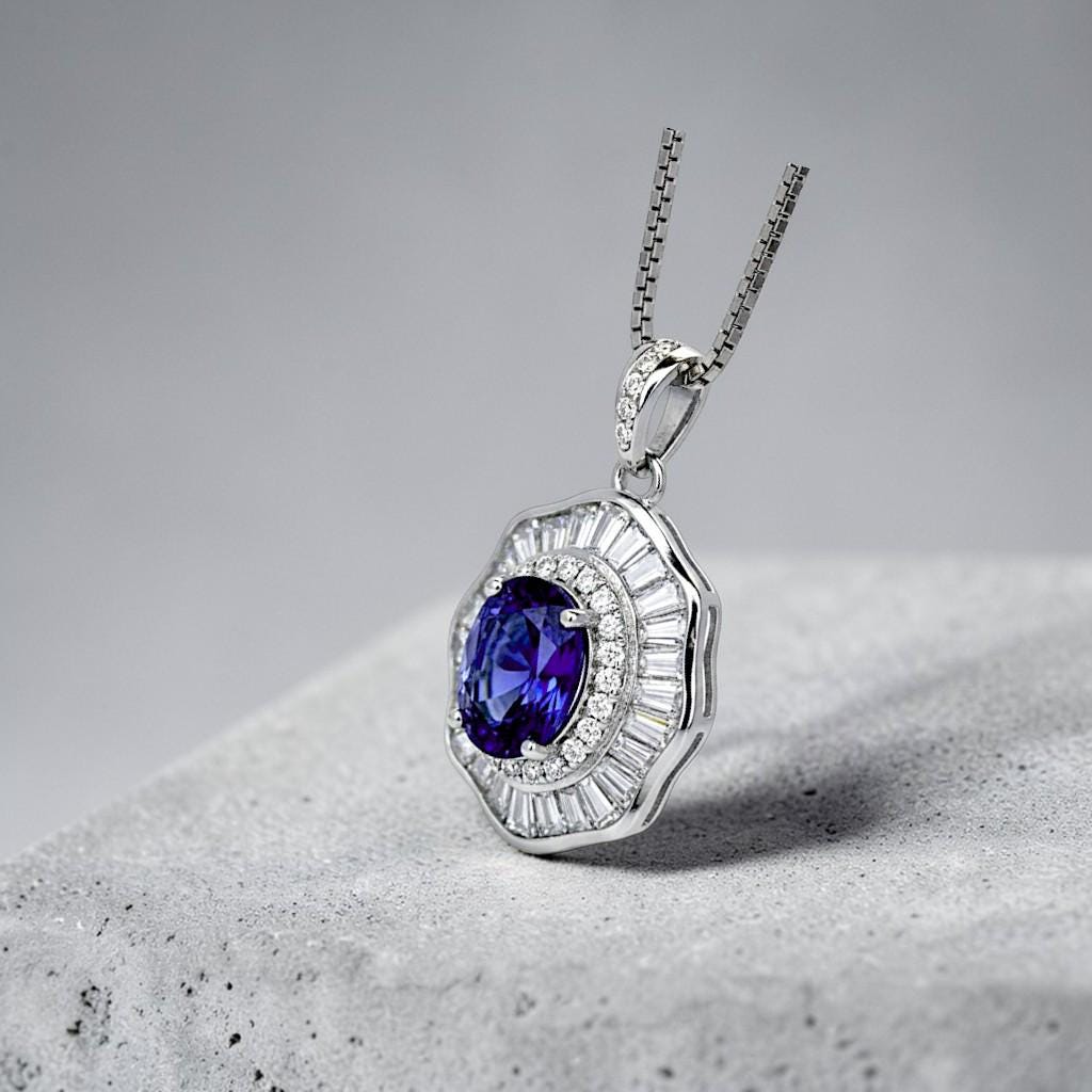 Tanzanite Necklace - Lotus Flower Pendant - 18KGP @ Sterling Silver - December Birthstone - Lab Created Blue Tanzanite Pendant #522